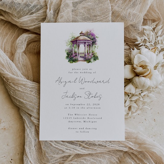 Purple Floral Watercolor Gazebo Wedding Invitation (An ideal choice for an outdoor spring or summer wedding.)