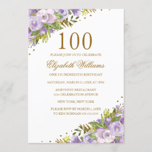 Purple Floral Watercolor Gold 100th Birthday Invitation