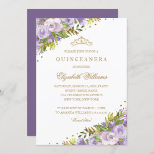 Purple Floral Watercolor Gold Quinceanera Invitation