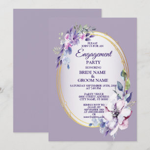 Purple Floral Watercolor Golden Engagement Party Invitation