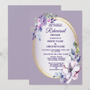 Purple Floral Watercolor Golden Rehearsal Dinner Invitation