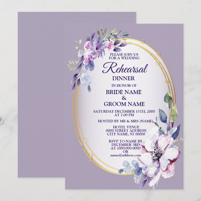 Purple Floral Watercolor Golden Rehearsal Dinner Invitation (Front/Back)