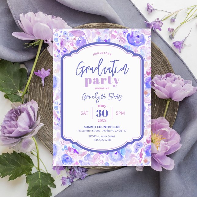 Purple Floral Watercolor Graduation Party Invitation (Creator Uploaded)