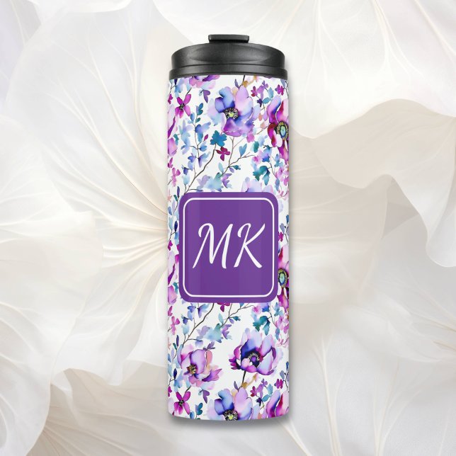 Purple Floral Watercolor Monogrammed Thermal Tumbler (Creator Uploaded)