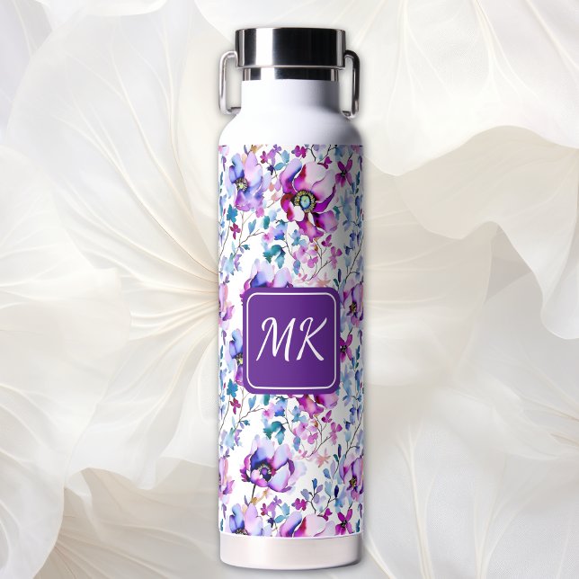 Purple Floral Watercolor Monogrammed Water Bottle (Creator Uploaded)