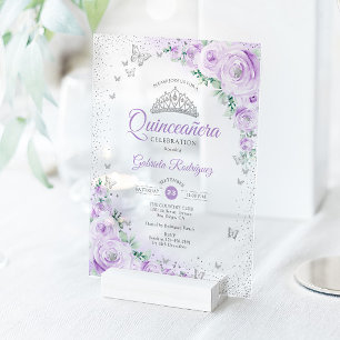 Purple Floral Watercolor Roses Quinceanera Acrylic Invitations