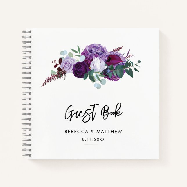 Purple Floral Watercolor Script Wedding Guest Notebook (Front)