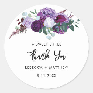 Purple Floral Watercolor Script Wedding Thank You Classic Round Sticker