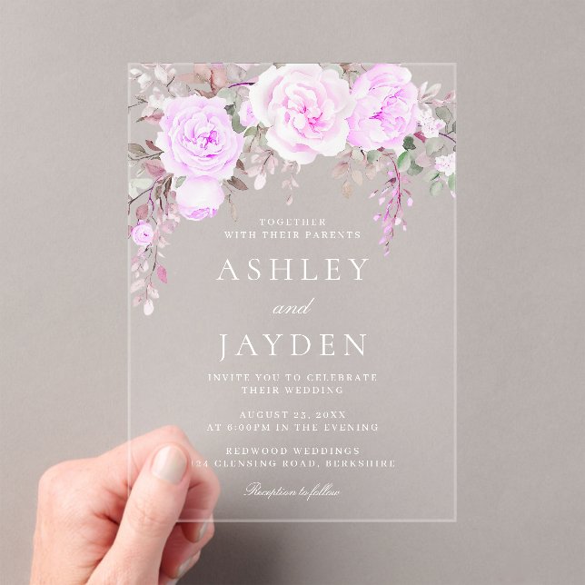 Purple Floral Watercolor Wedding Acrylic Invitations (Insitu (Handheld))