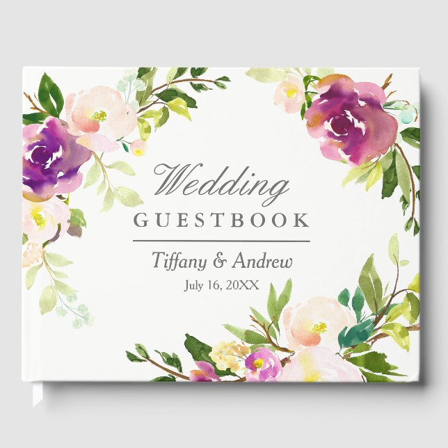 Purple Floral Watercolor Wedding Guest Book (Front)