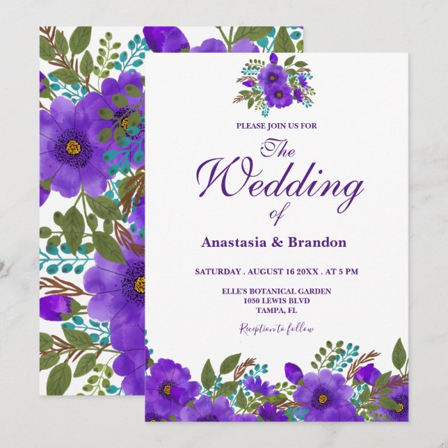 Purple Floral Watercolor | Wedding Invitation (Front/Back)