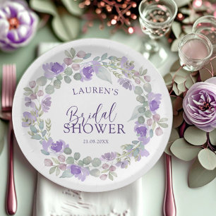 Purple Floral Watercolor Wreath Bridal Shower Paper Plate