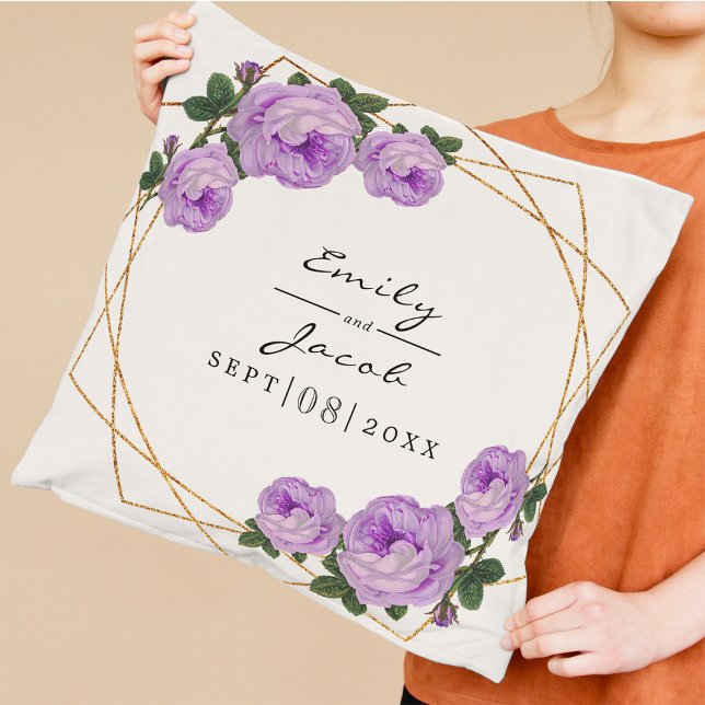 Purple Floral Wed Elegant Gold Glitter Geometric Cushion (Creator Uploaded)
