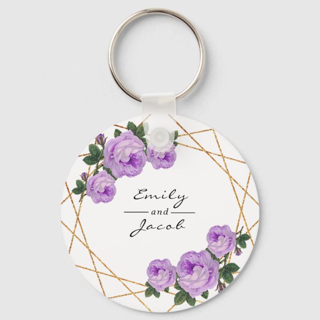 Purple Floral Wed Elegant Gold Glitter Geometric Key Ring (Front)
