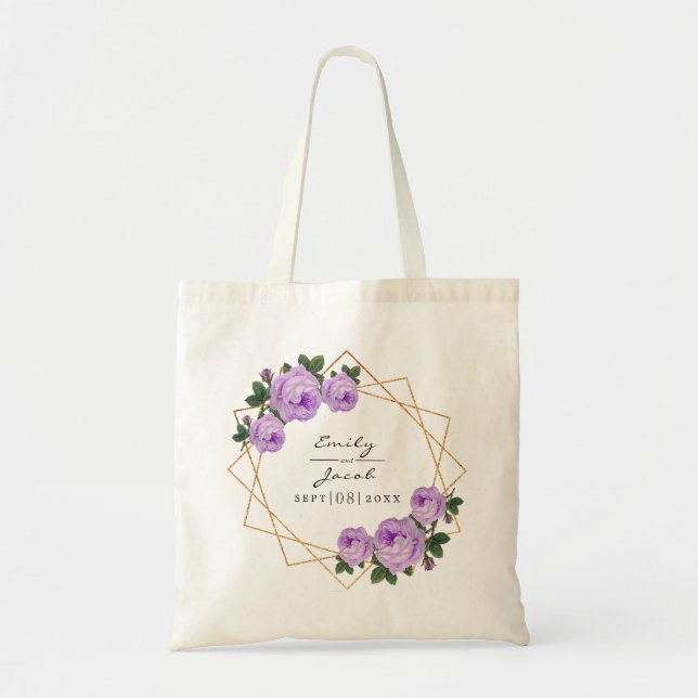 Purple Floral Wed Elegant Gold Glitter Geometric Tote Bag (Front)