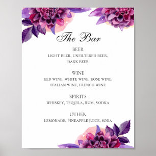 Purple floral wedding alcohol drinks bar menu poster