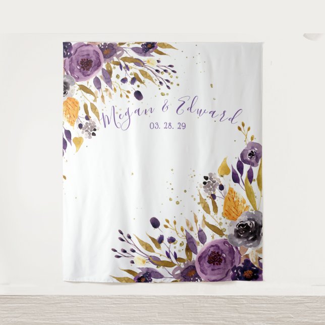 Purple Floral Wedding Backdrop Reception Decor Tapestry (Front)
