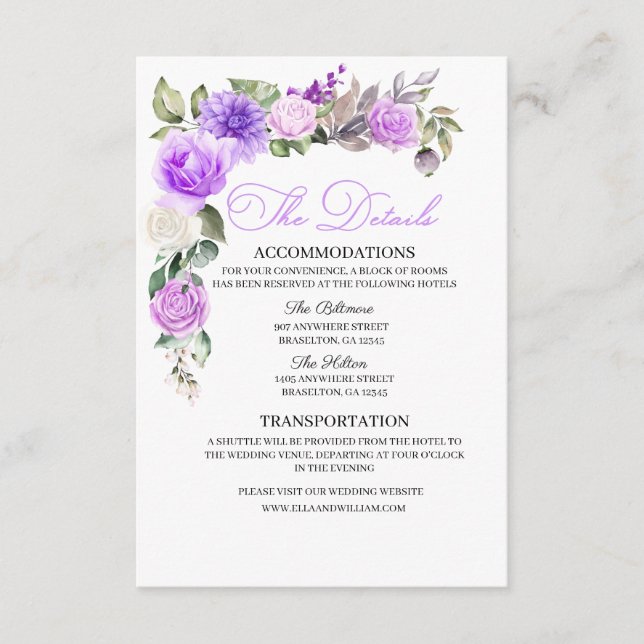 Purple Floral Wedding Details Enclosure Card (Front)
