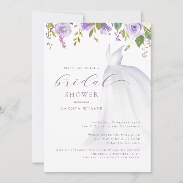 Purple Floral Wedding Dress Bridal Shower Invitation (Front)