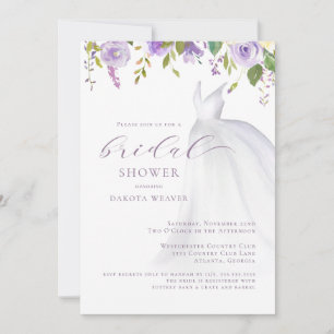 Purple Floral Wedding Dress Bridal Shower Invitation