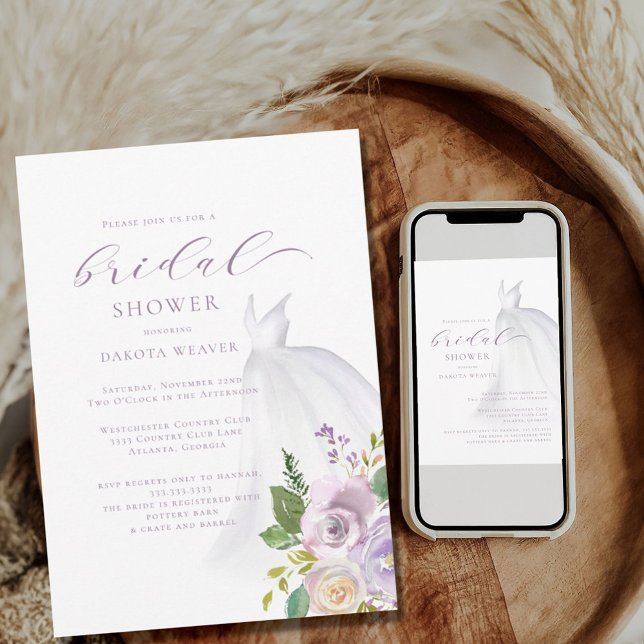 Purple Floral Wedding Dress Bridal Shower Invitation (Creator Uploaded)