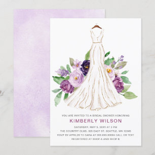 Purple Floral Wedding Dress Bridal Shower Invitation