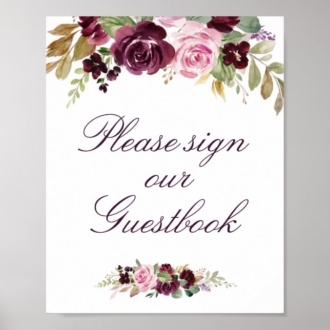 purple floral wedding guestbook sign (Front)