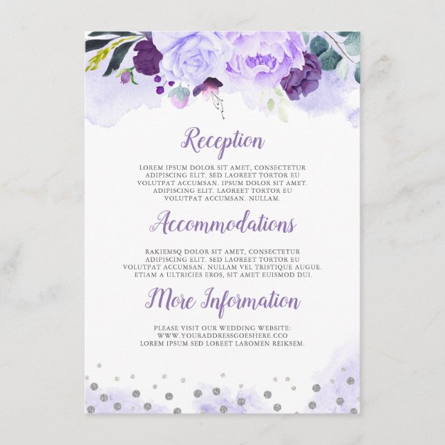 Purple Floral Wedding Information Guest Enclosure Card (Front)