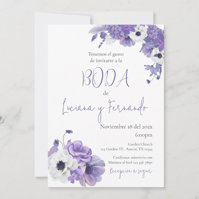 Purple Floral wedding invitation in Spanish (Front)