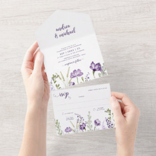 Purple Floral Wedding Invitation RSVP Attached
