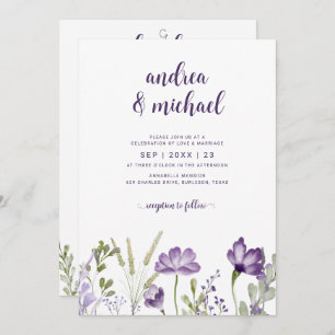 Purple Floral Wedding Invitation with Details Back
