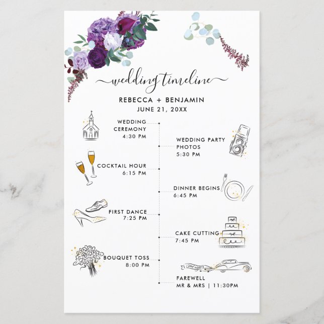 Purple Floral Wedding Itinerary Icons Program Card (Front)