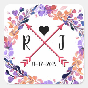 Purple Floral Wedding Monogram Wreath Design Square Sticker
