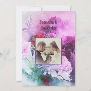 Purple floral wedding photo invitation