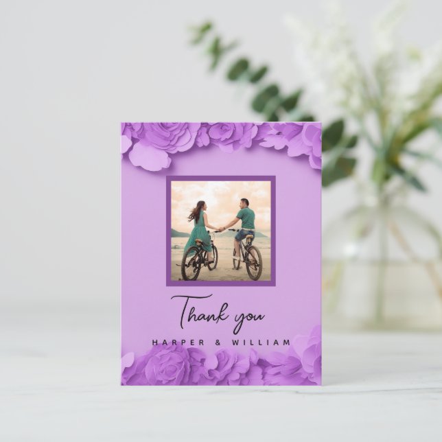 Purple floral wedding photo thank you postcard (Standing Front)