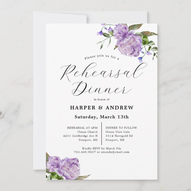 Purple Floral Wedding Rehearsal Dinner Invitation (Front)