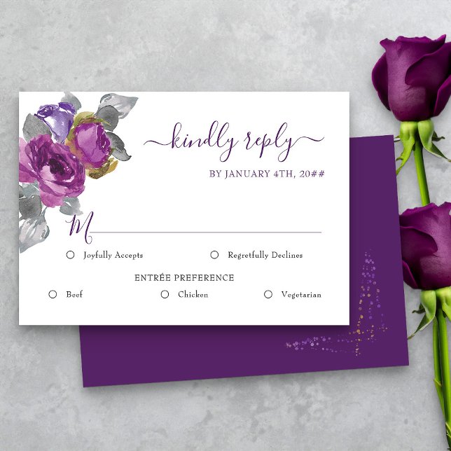 Purple Floral Wedding RSVP with Meal Options (Purple floral Entree option rsvp card from my Plush Purple Wedding Collection )