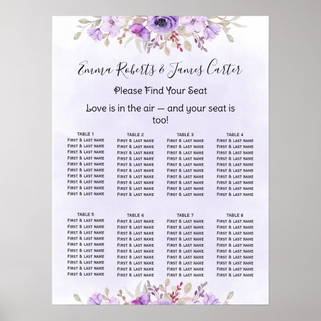 Purple Floral Wedding Seating Chart (Front)
