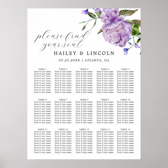 Purple Floral Wedding Seating Chart (Front)