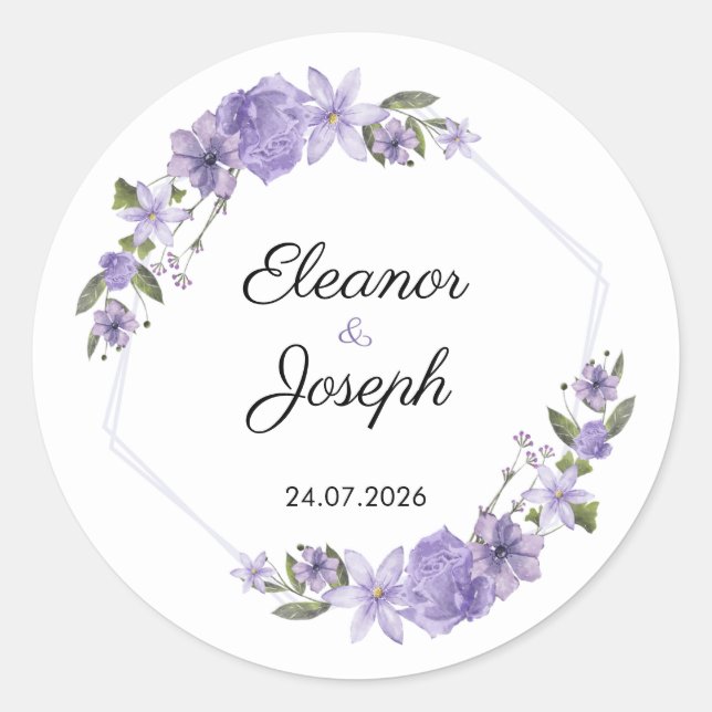Purple Floral Wedding Sticker Circle Label (Front)