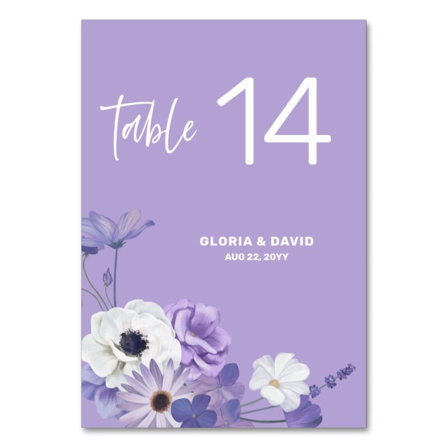 Purple Floral Wedding Table Number card (Front)