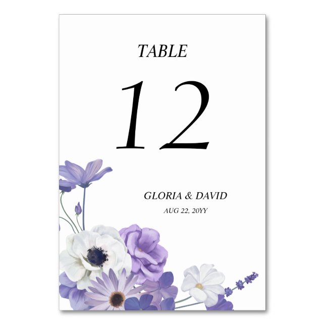 Purple Floral Wedding Table Number card (Front)