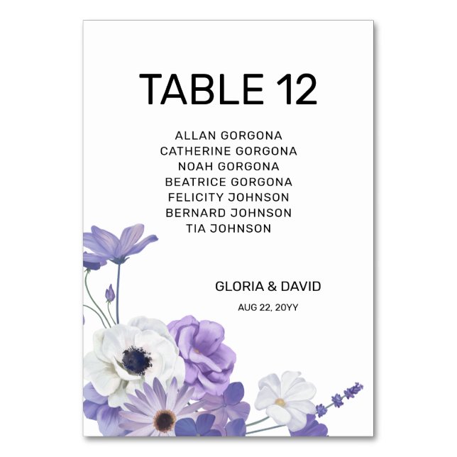 Purple Floral Wedding Table Number card (Front)
