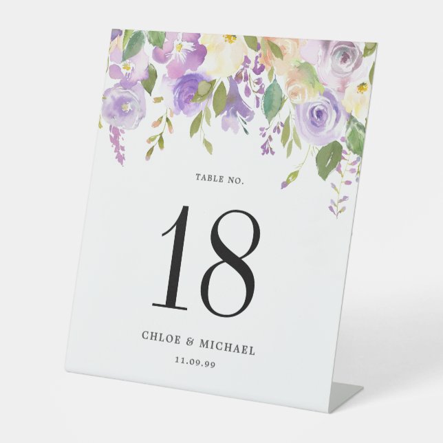 Purple Floral Wedding Table Number Pedestal Sign (Front)