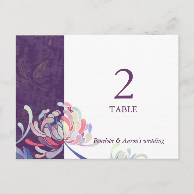 Purple Floral Wedding Table Number Postcard (Front)