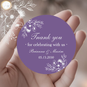 Purple Floral Wedding Thank You Classic Round Sticker