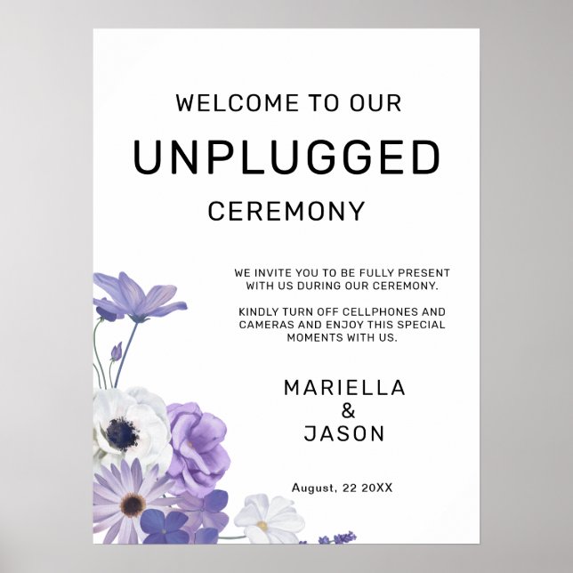 Purple Floral Welcome Unplugged Wedding Sign (Front)