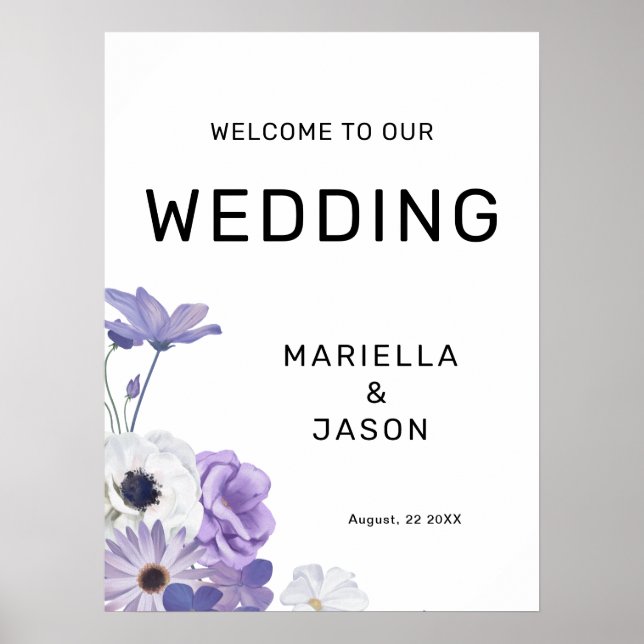 Purple Floral Welcome Wedding Sign Poster (Front)