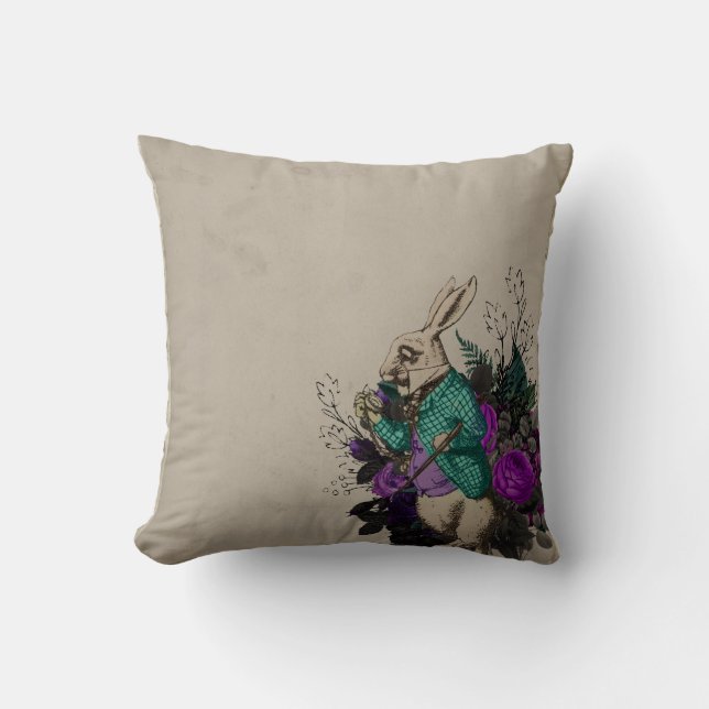 Purple Floral White Rabbit Alice in Wonderland Cushion (Front)
