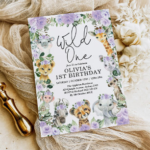 Purple Floral Wild One Jungle Safari Birthday Girl Invitation